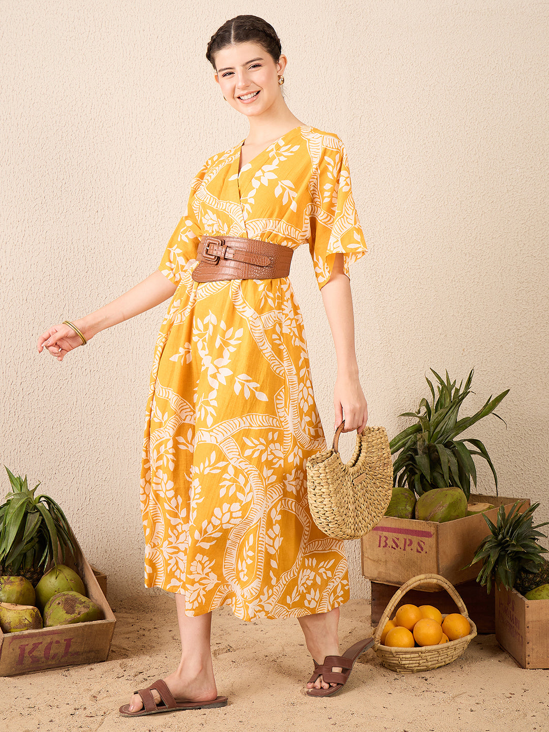 V-neck Cotton Midi Dress - Uptownie