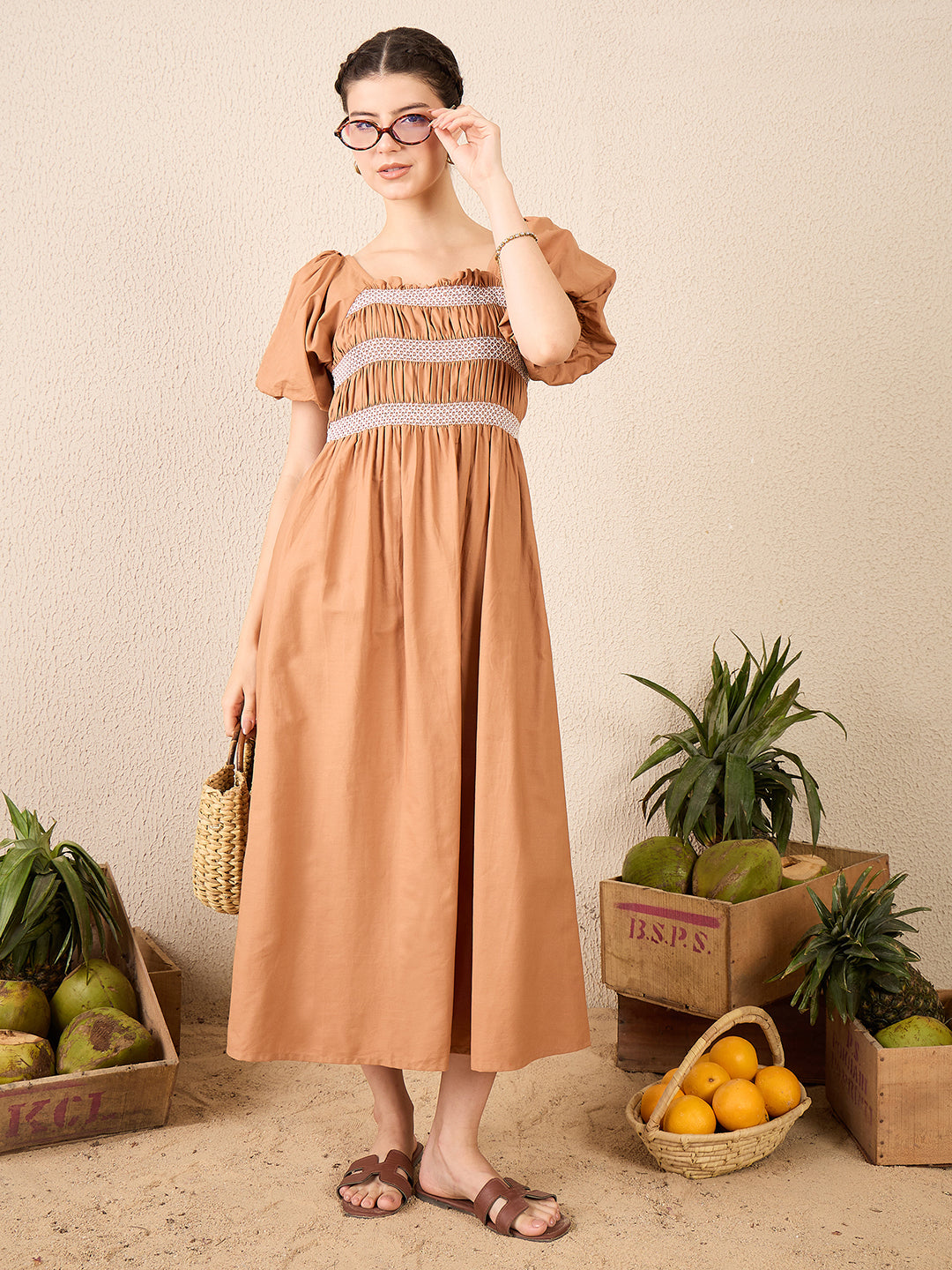 Puff Sleeve Smocked Midi Dress