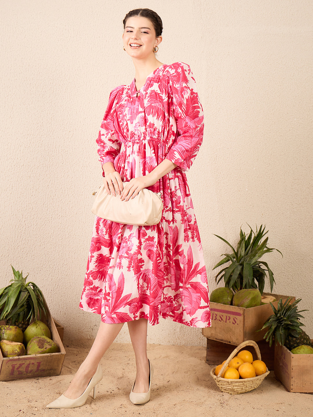 Puffed Sleeve Cotton Midi Dress - Uptownie