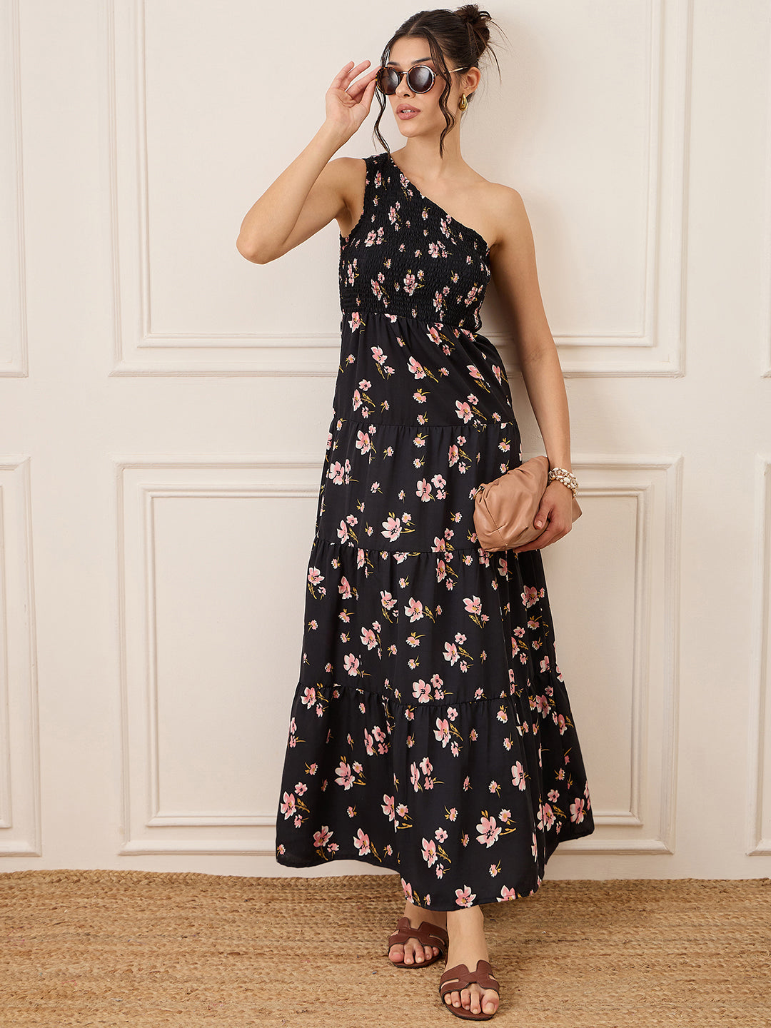 One Shoulder Smocked Maxi Dress - Uptownie