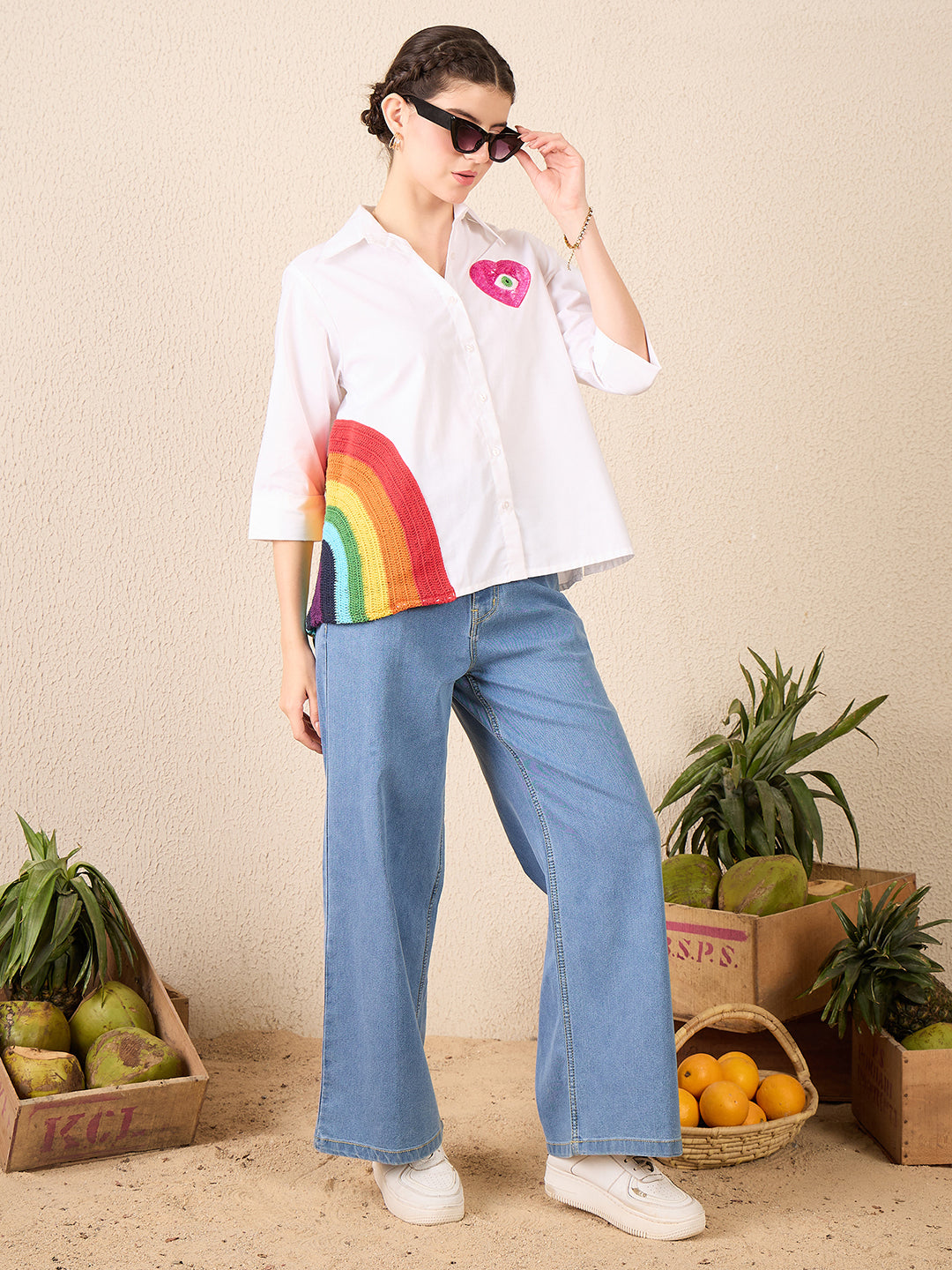 Cotton Boxy Shirt With Rainbow Crochet - Uptownie