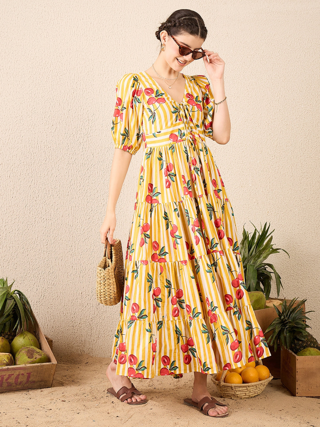 Cotton Neck Tie Up Tiered Maxi Dress - Uptownie