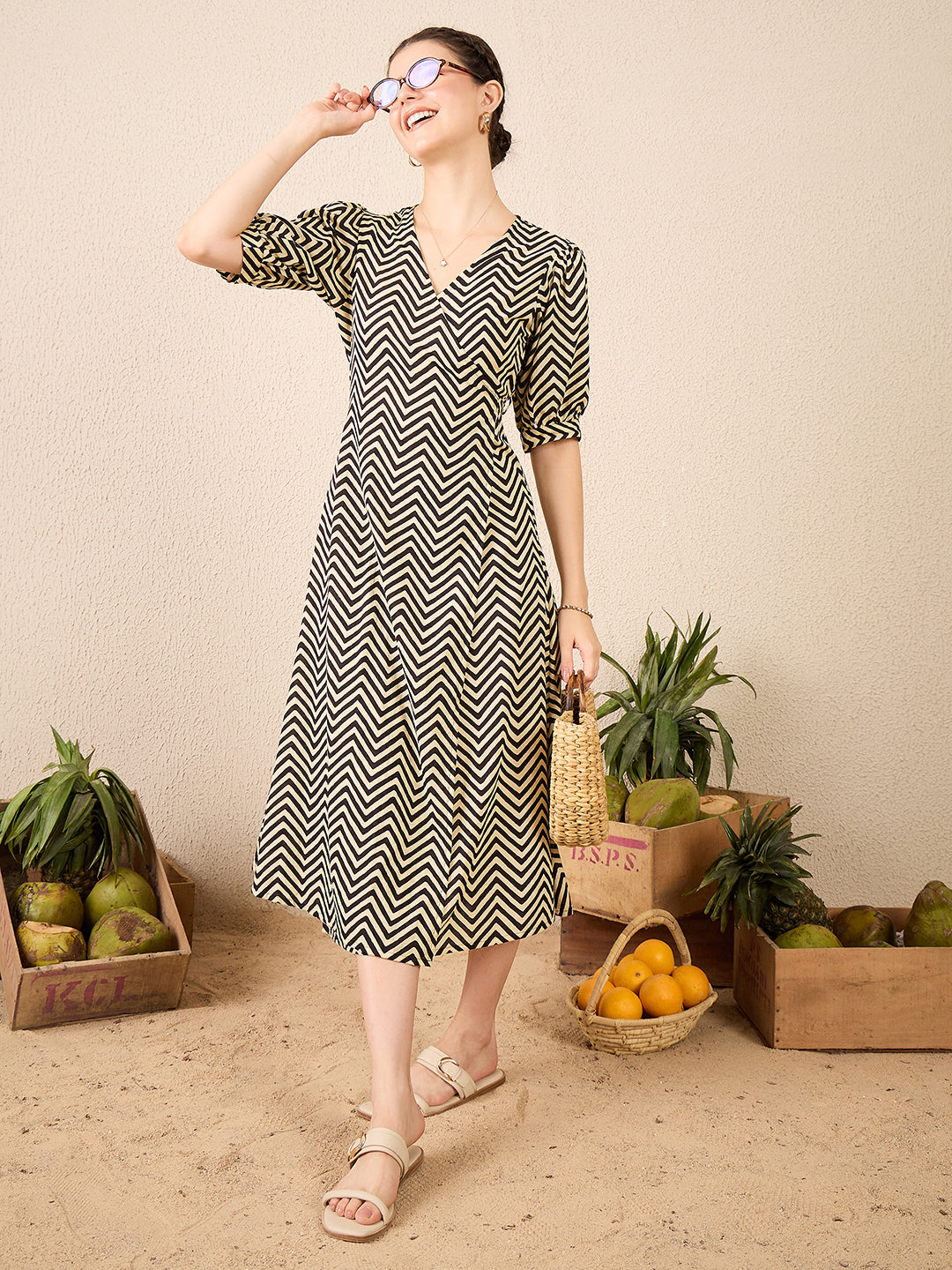 Puff Sleeve Cotton Wrap Midi Dress - Uptownie