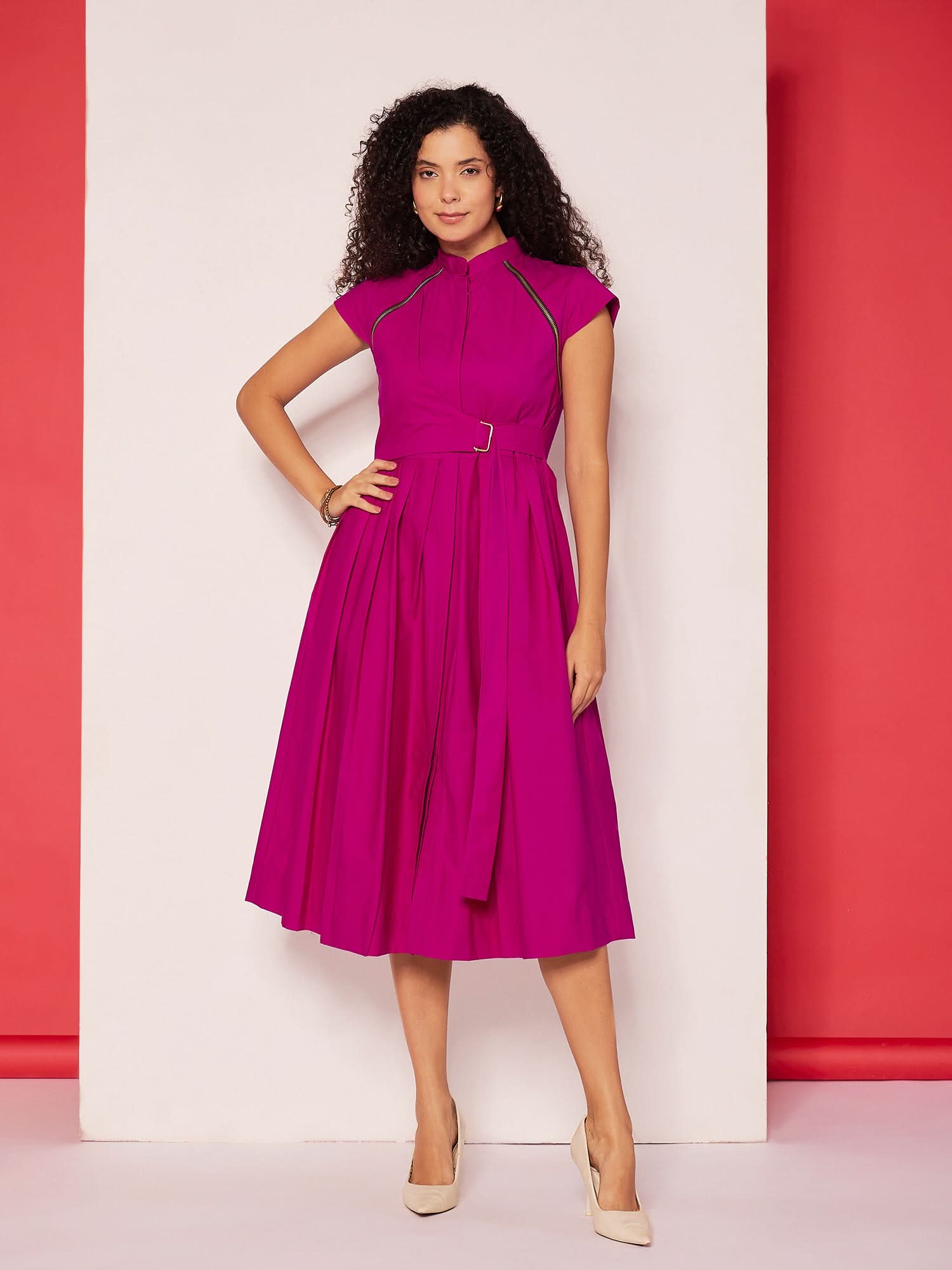Pleated Cotton Midi Dress With Zipper Detail - Uptownie
