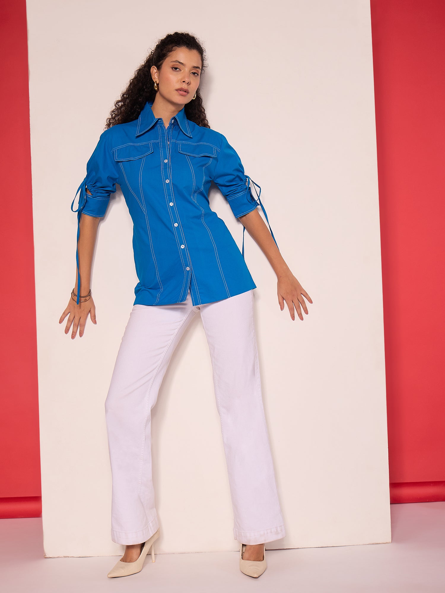Panelled Cotton Shirt With Tie-Up Sleeves - Uptownie