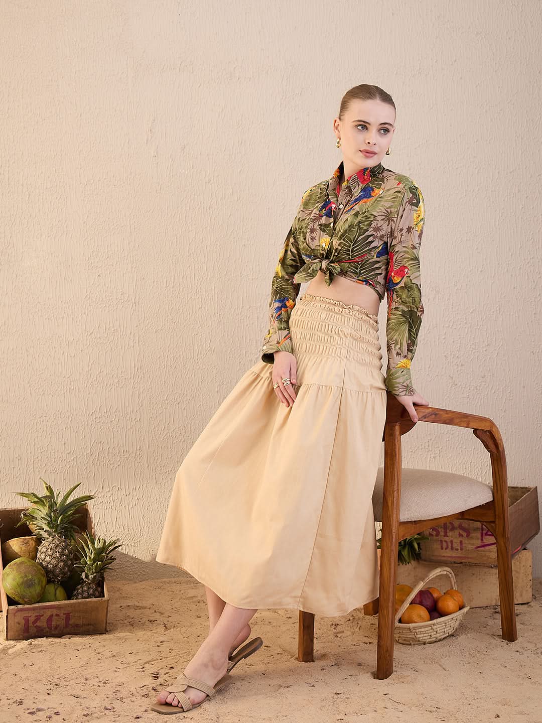 Smocked High-waist Cotton Midi Skirt - Uptownie