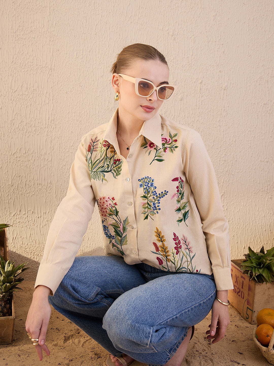 Floral Embroidered Cotton Shirt - Uptownie