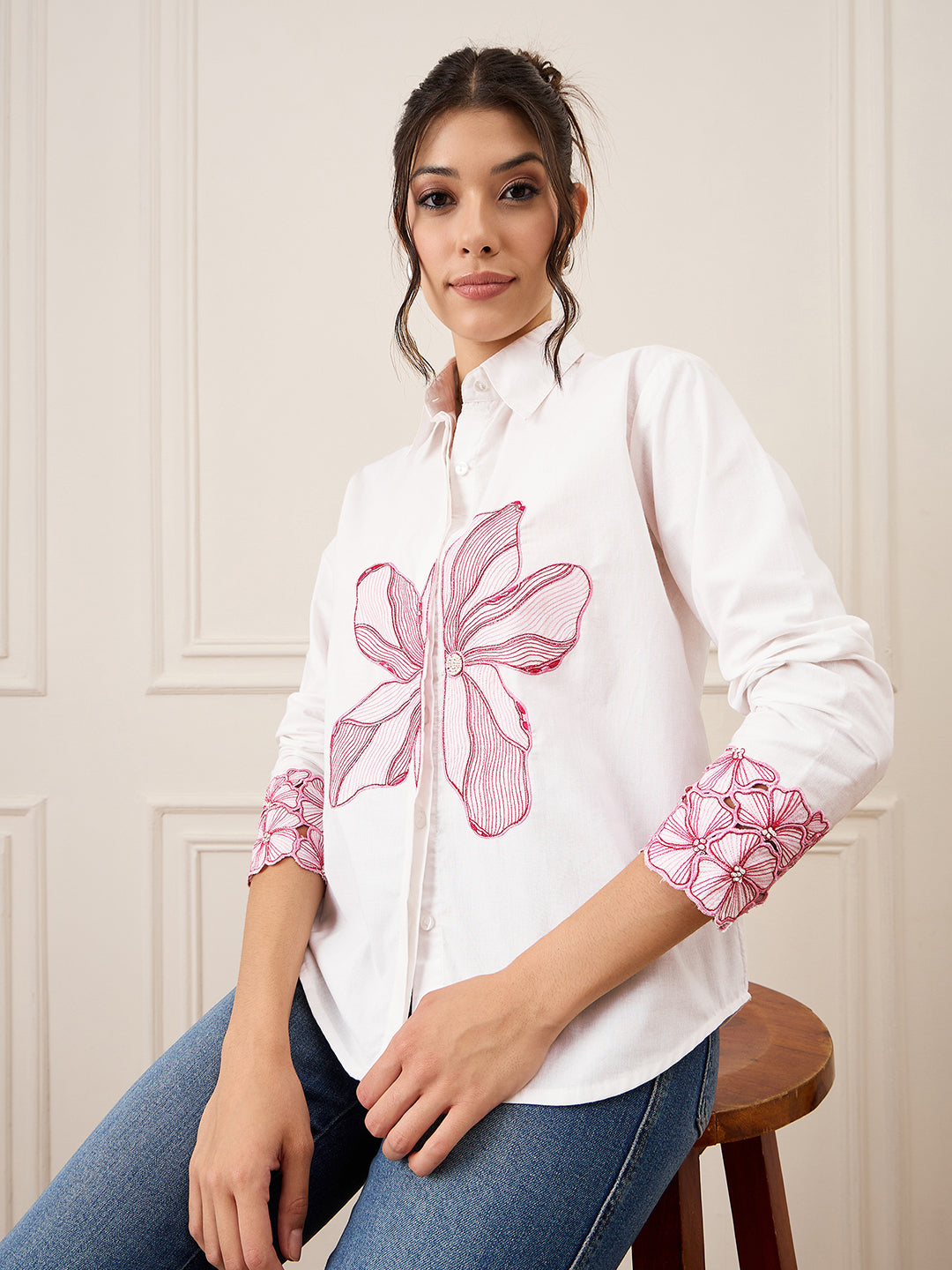 Floral Embroidered Full Sleeve Cotton Shirt - Uptownie