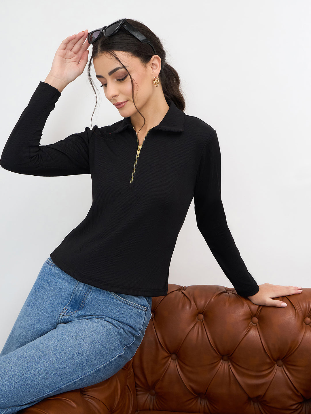 Stretchable Full Sleeves Front Zip Up Top - Uptownie