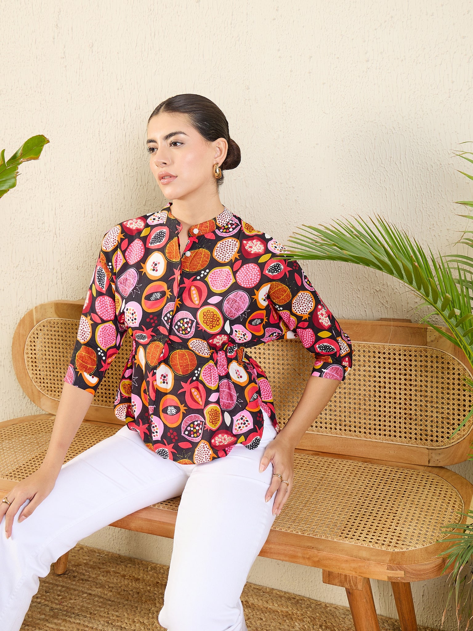 Printed Cotton Mock Neck Shirt - Uptownie