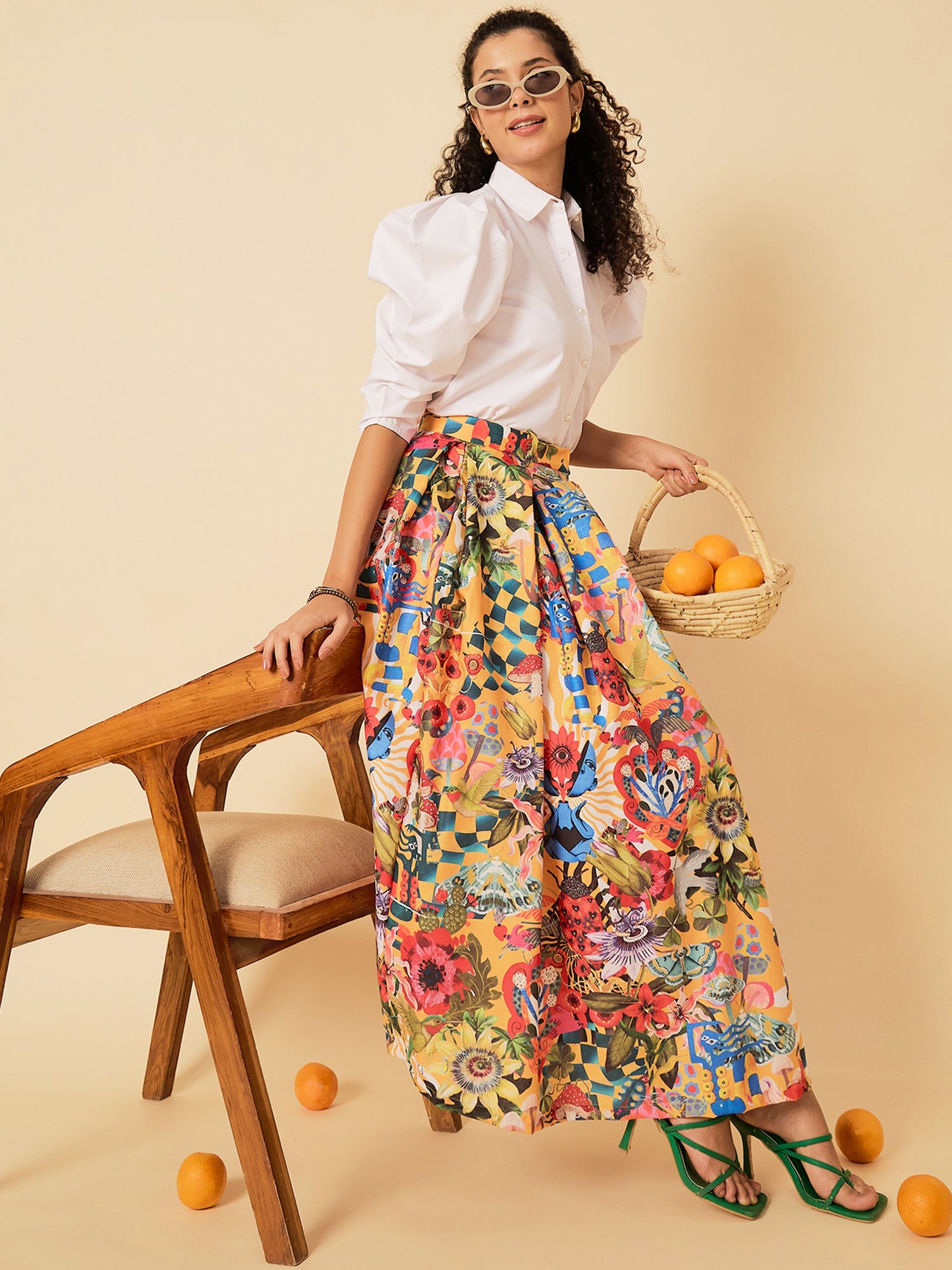 Box Pleated Linen Midi Skirt