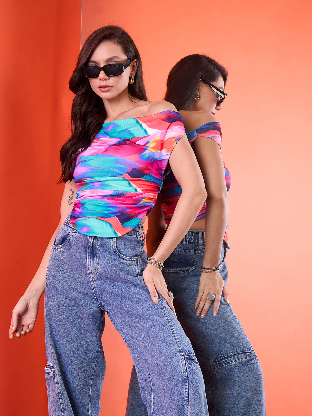 Printed Cotton Stretchable Draped Crop Top - Uptownie