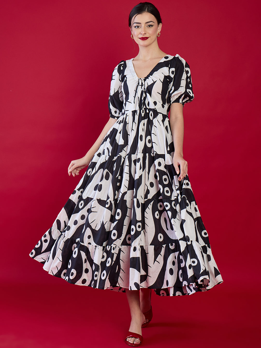 Pure Cotton Neck Tie Up Maxi Dress