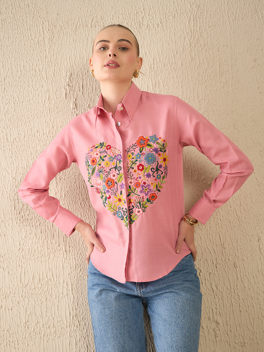 Floral Embroidered Cotton Shirt - Uptownie