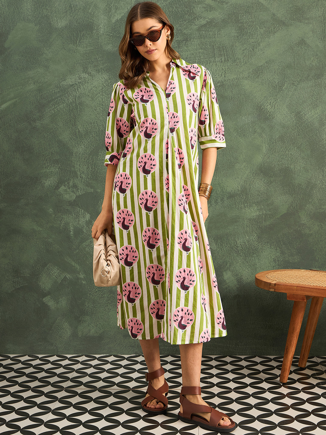 Front Pleated Cotton Midi Dress