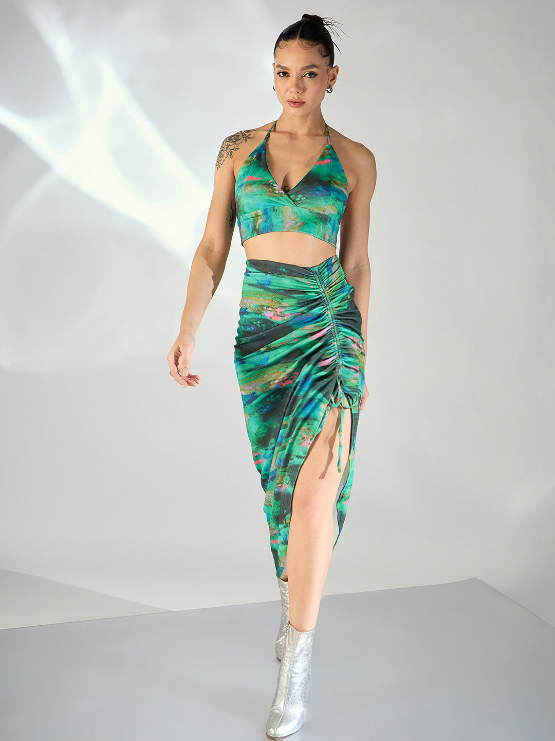 Printed Stretchable Halter Neck Top And Skirt Set - Uptownie