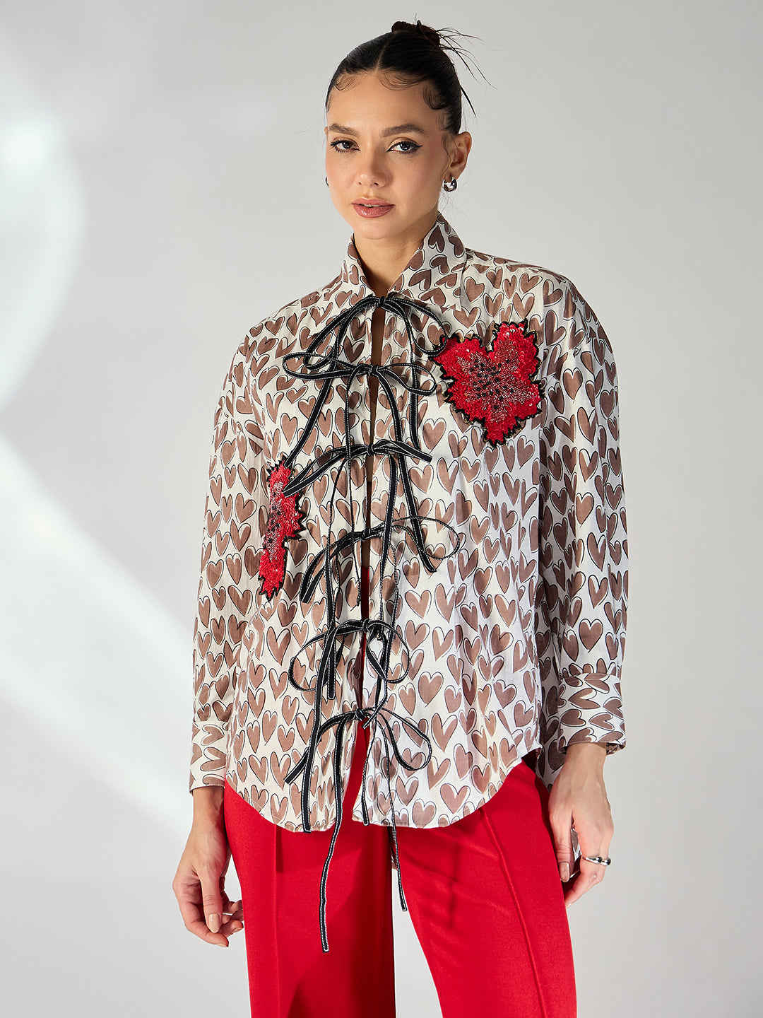 Printed Tie-Up Full Sleeve Sequinned Cotton Shirt - Uptownie