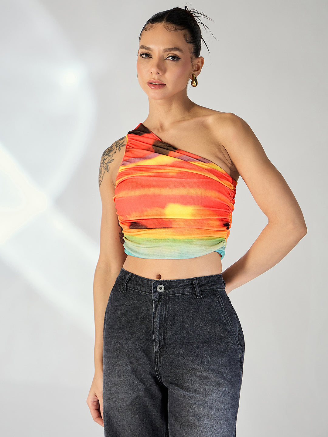 Printed Stretchable One Shoulder Top with Gathered Sides