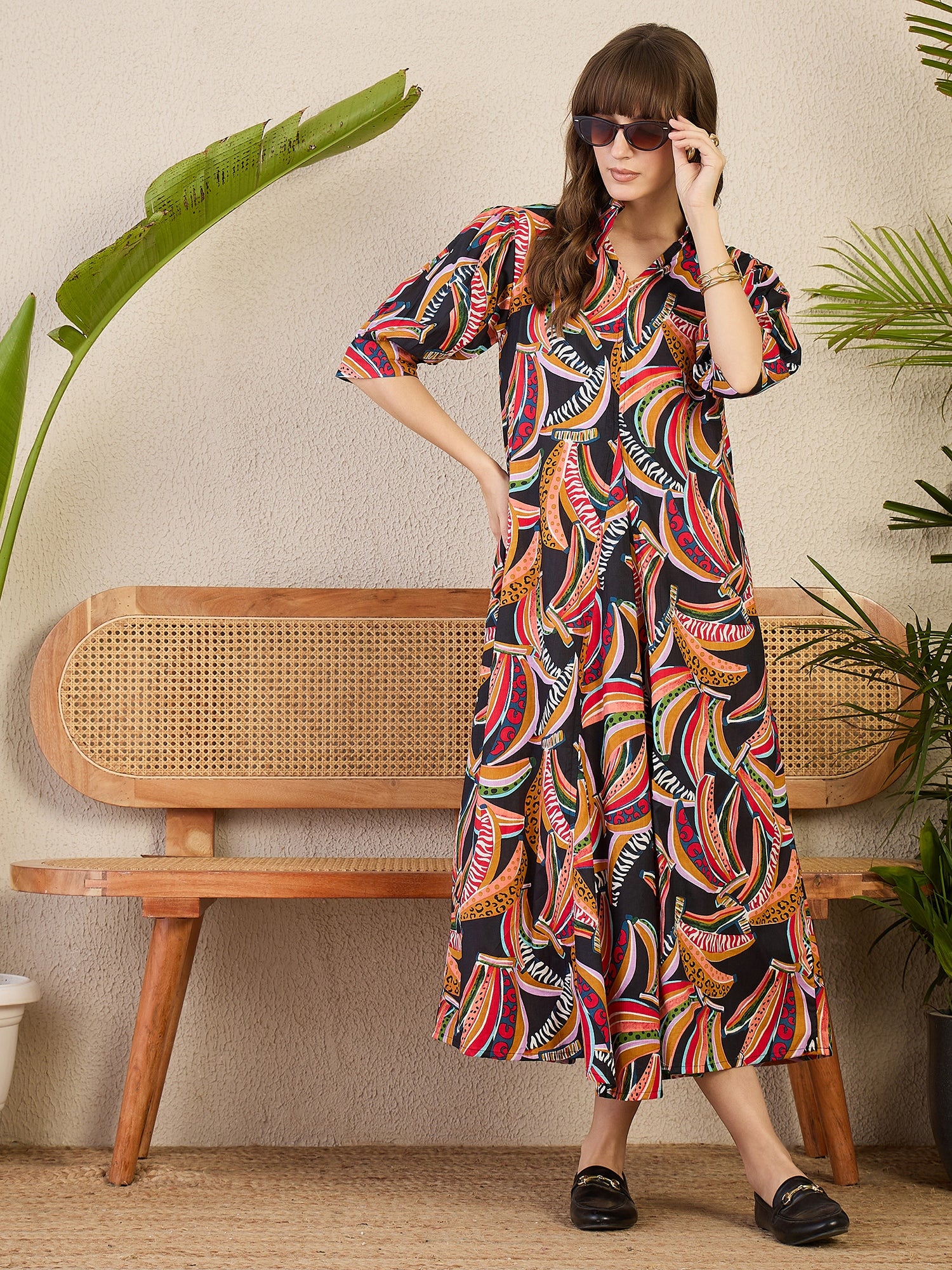 Front Pleated Cotton Midi Dress