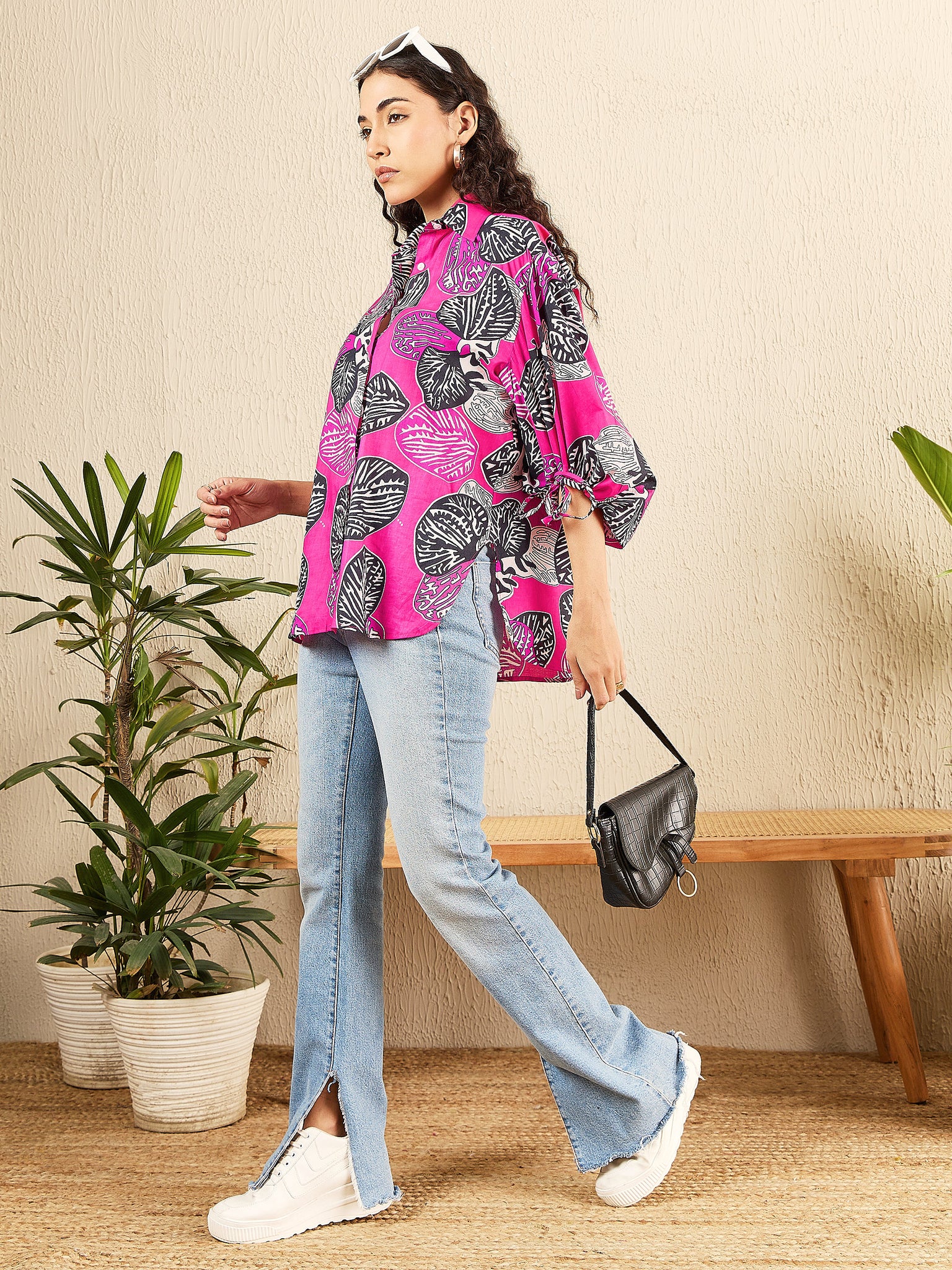 Printed Cotton Shirt with Tie Up Sleeves - Uptownie