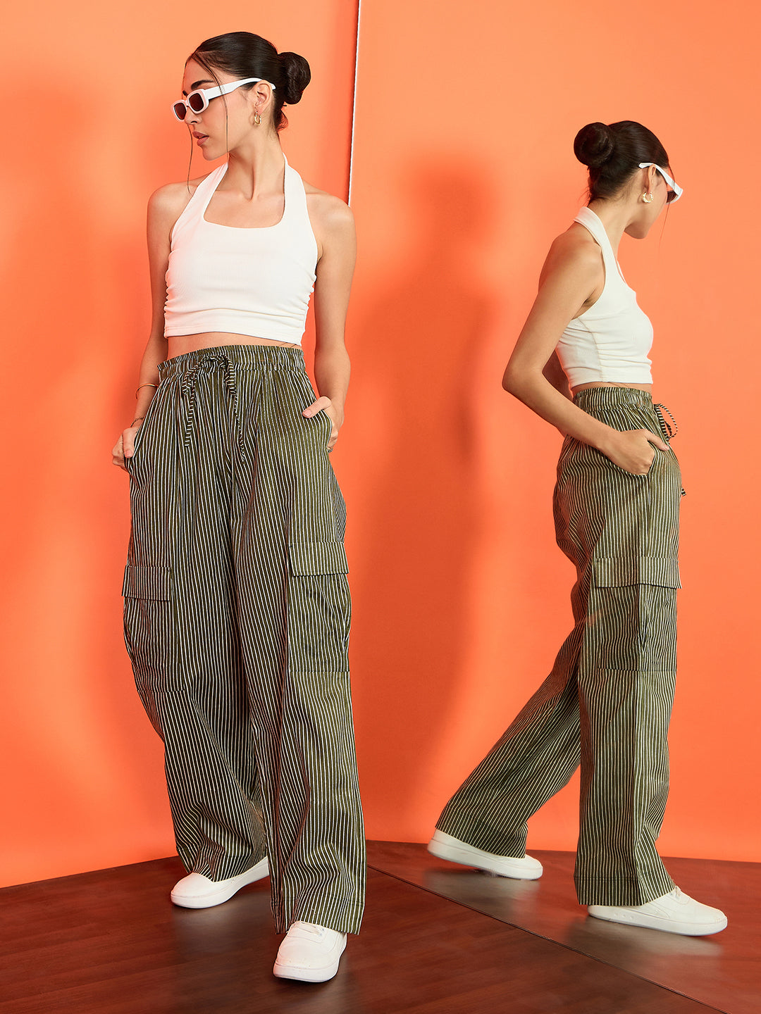 Striped Cargo Trousers with Elasticated Waistband - Uptownie