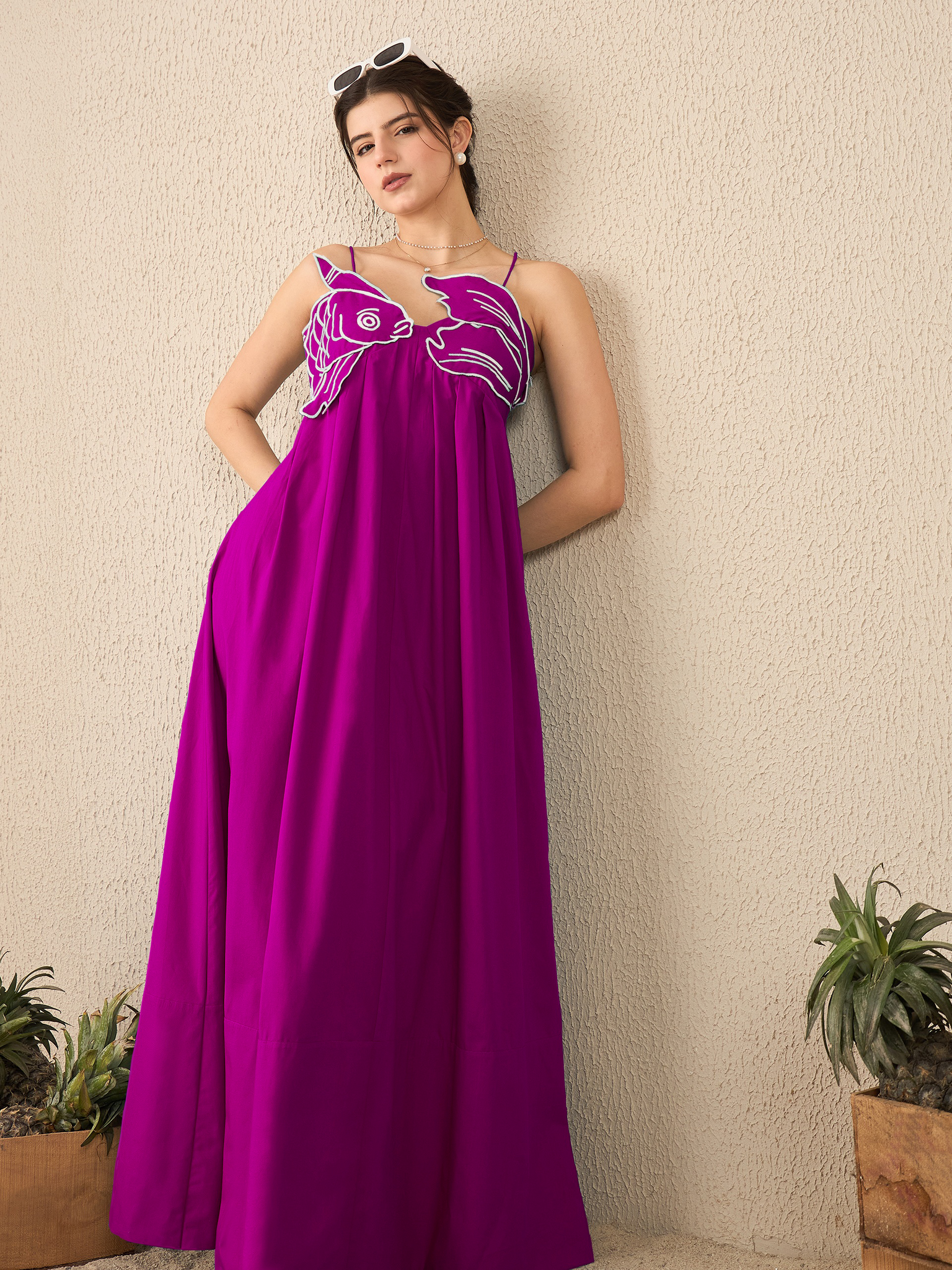 Fish Applique Cotton Maxi Dress
