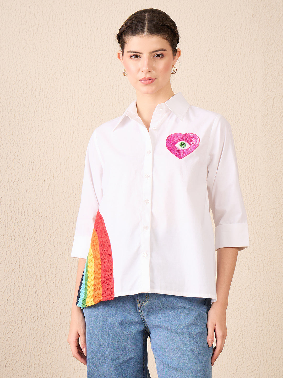 Cotton Boxy Shirt With Rainbow Crochet - Uptownie