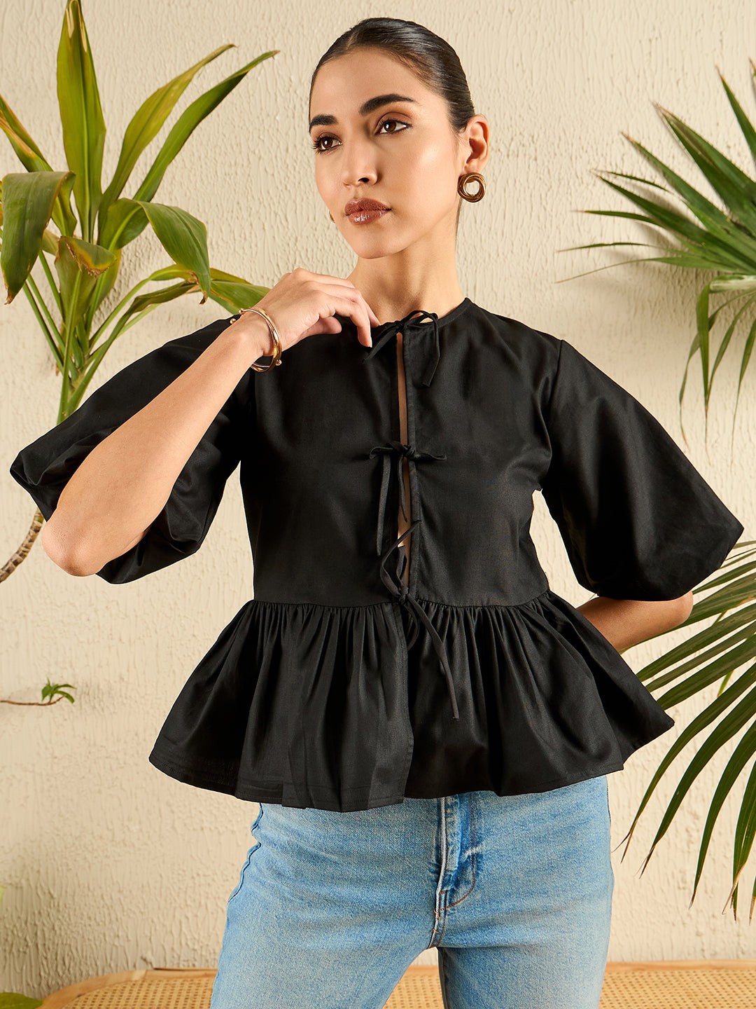 Cotton Tie-Up Peplum Top - Uptownie