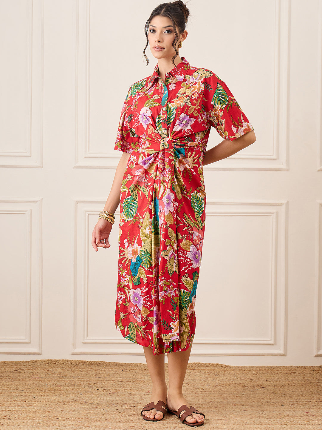 Cotton Twisted Shirt Midi Dress - Uptownie