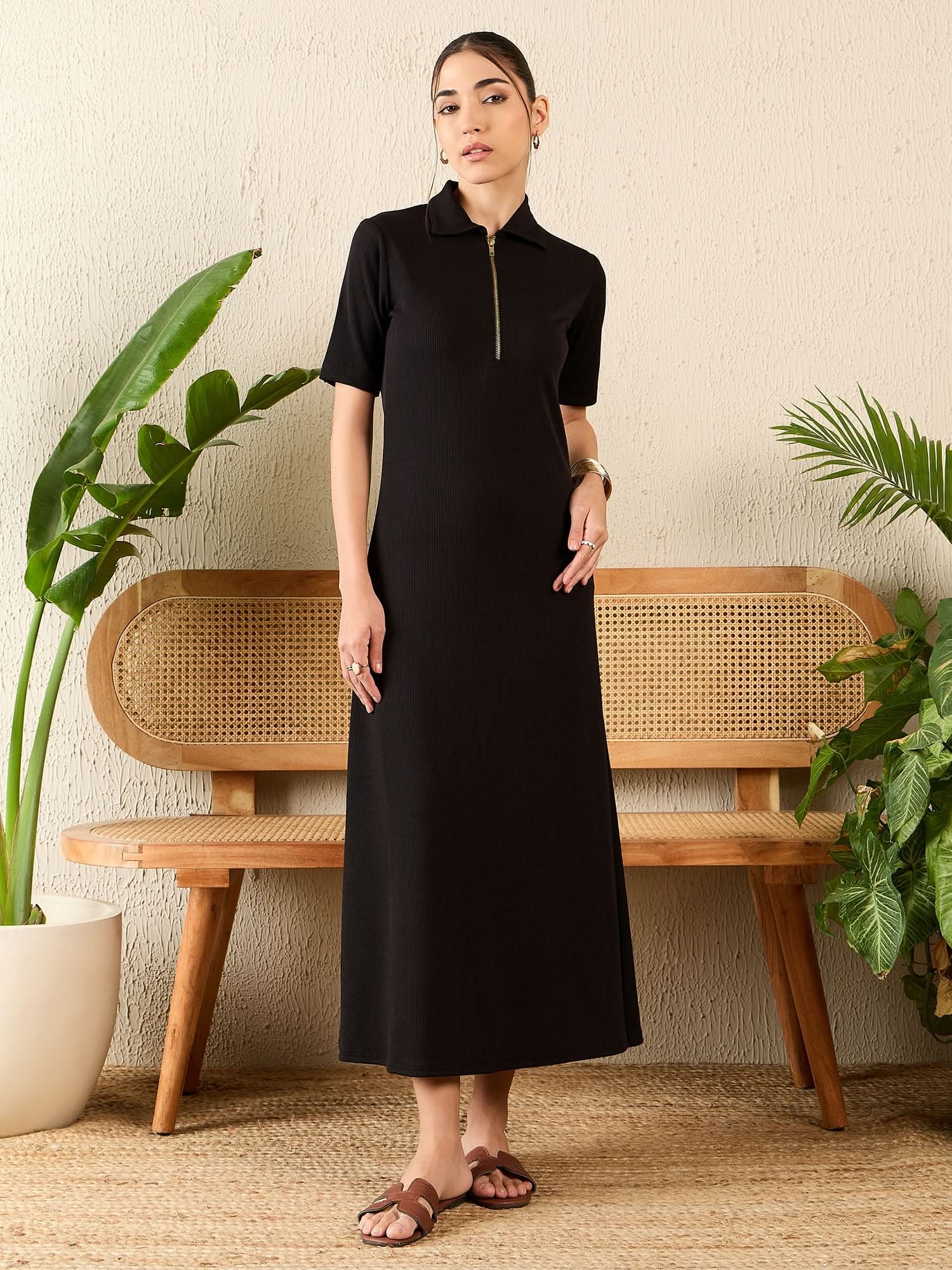 front zip midi dress Stretchable Front Zip-up Midi Dress
