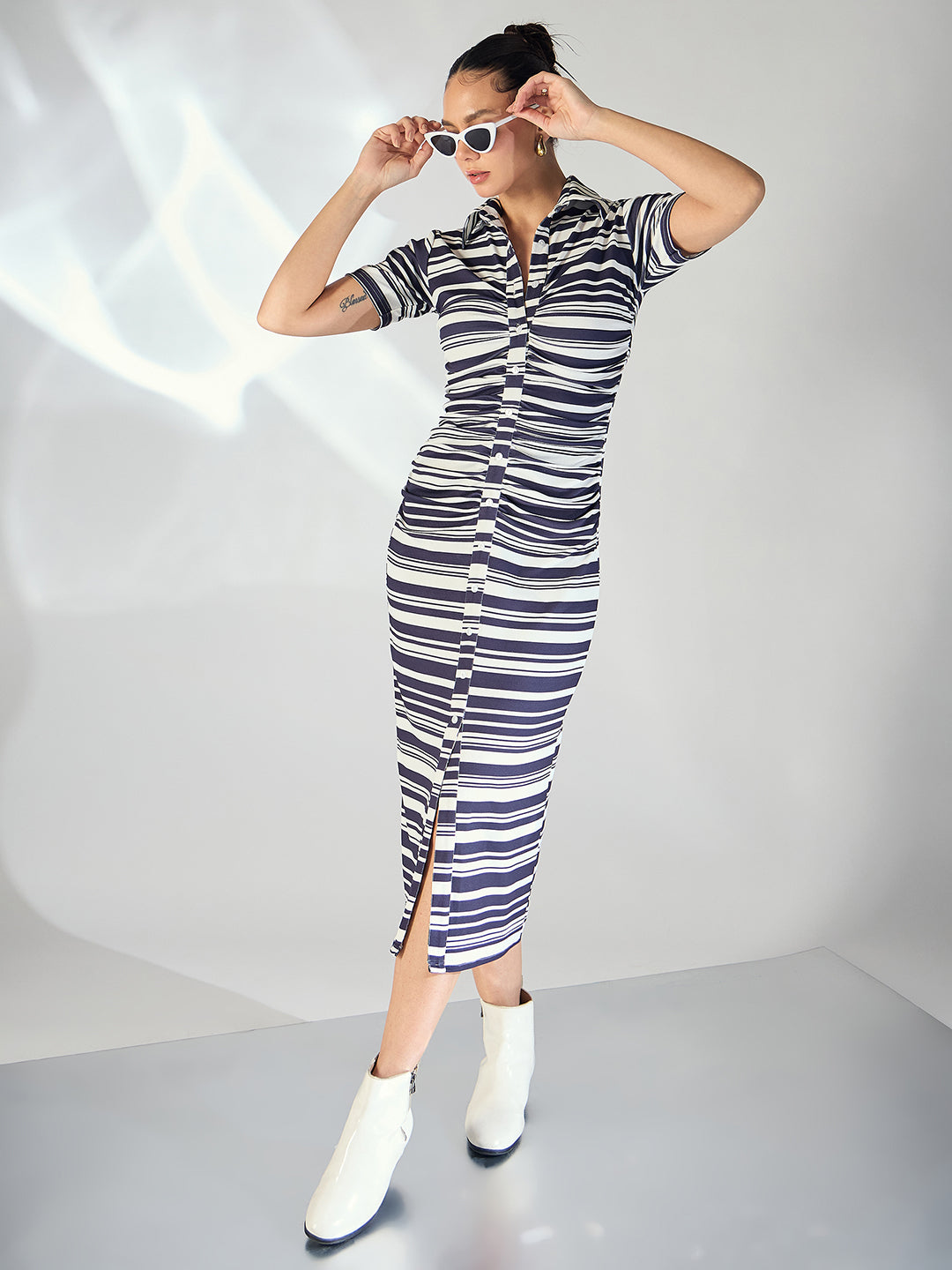 Striped Gathered Buttoned Down Midi Dress - Uptownie