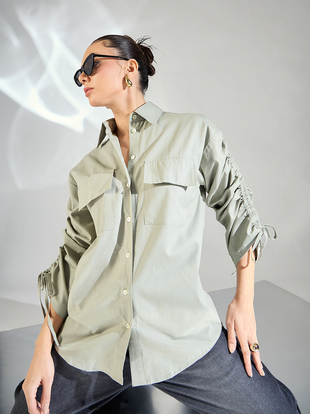 Ruched Tie-up Sleeves Cotton Shirt - Uptownie