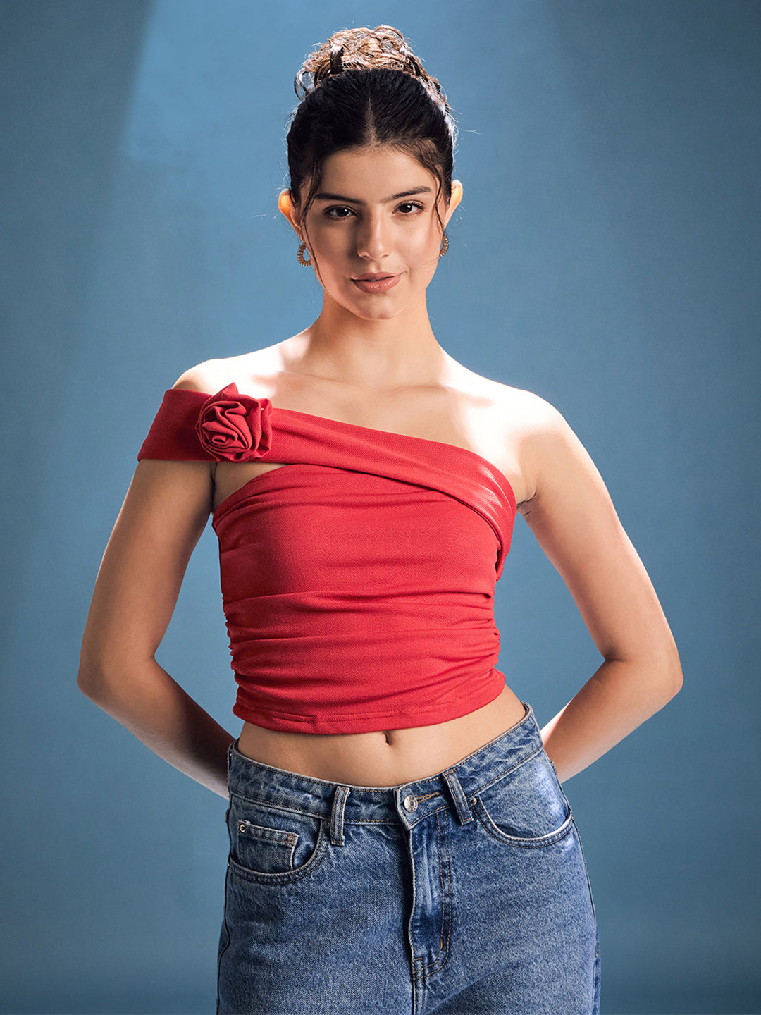 Stretchable One Shoulder Rose Top - Uptownie