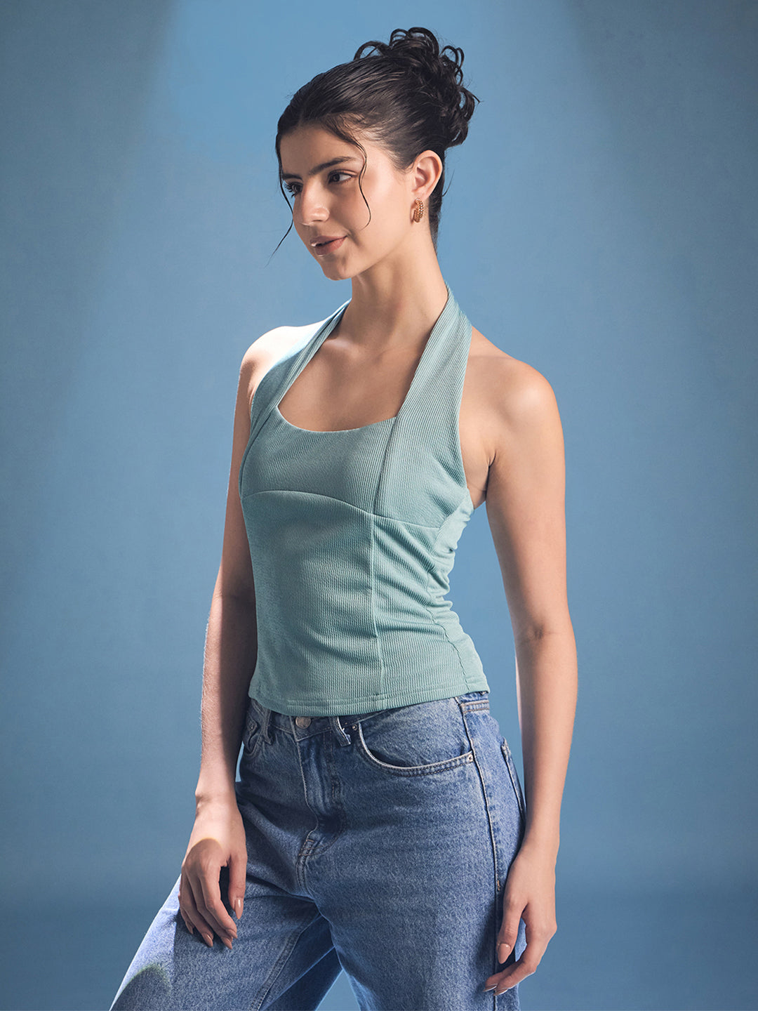 Stretchable Halter Neck Ribbed Top - Uptownie