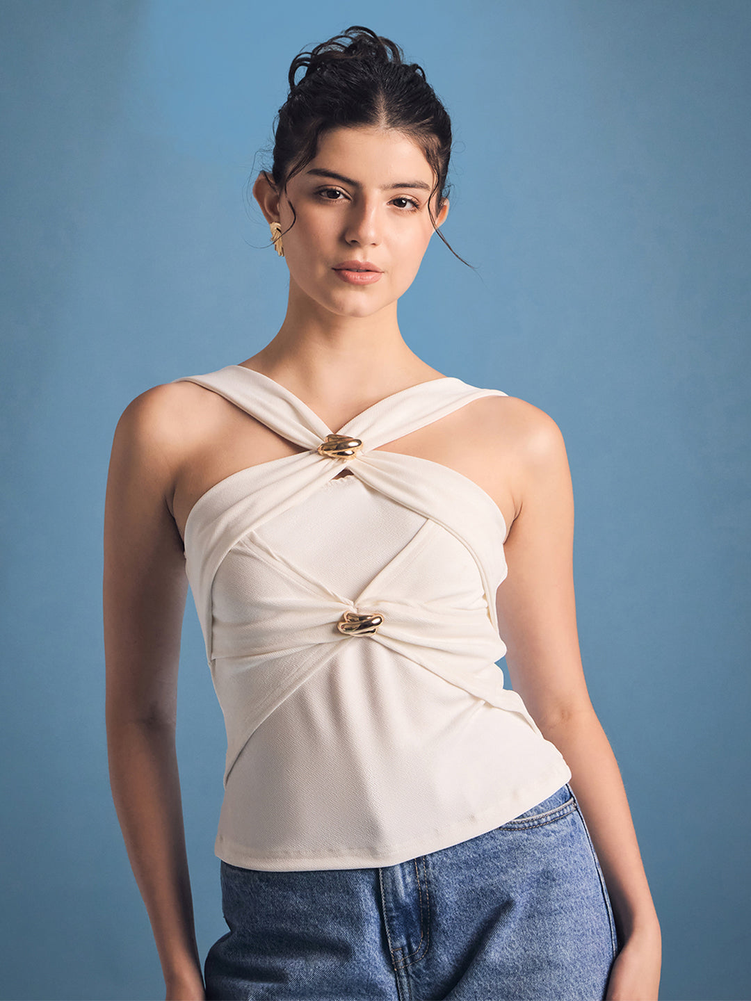 Stretchable Gold Accent Criss Cross Top - Uptownie