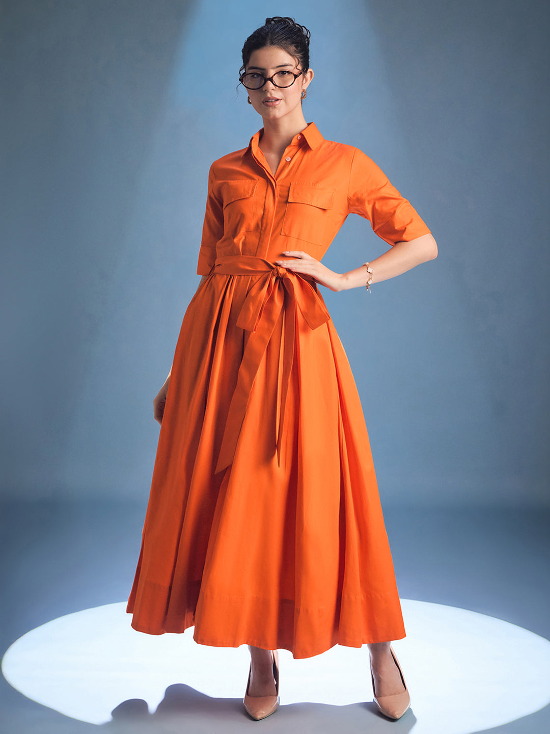 Cotton Flared Shirt Dress With Belt - Uptownie