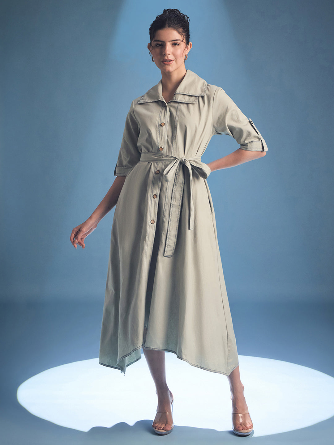 Cotton Asymmetrical Contrast Stitch Shirt Dress - Uptownie
