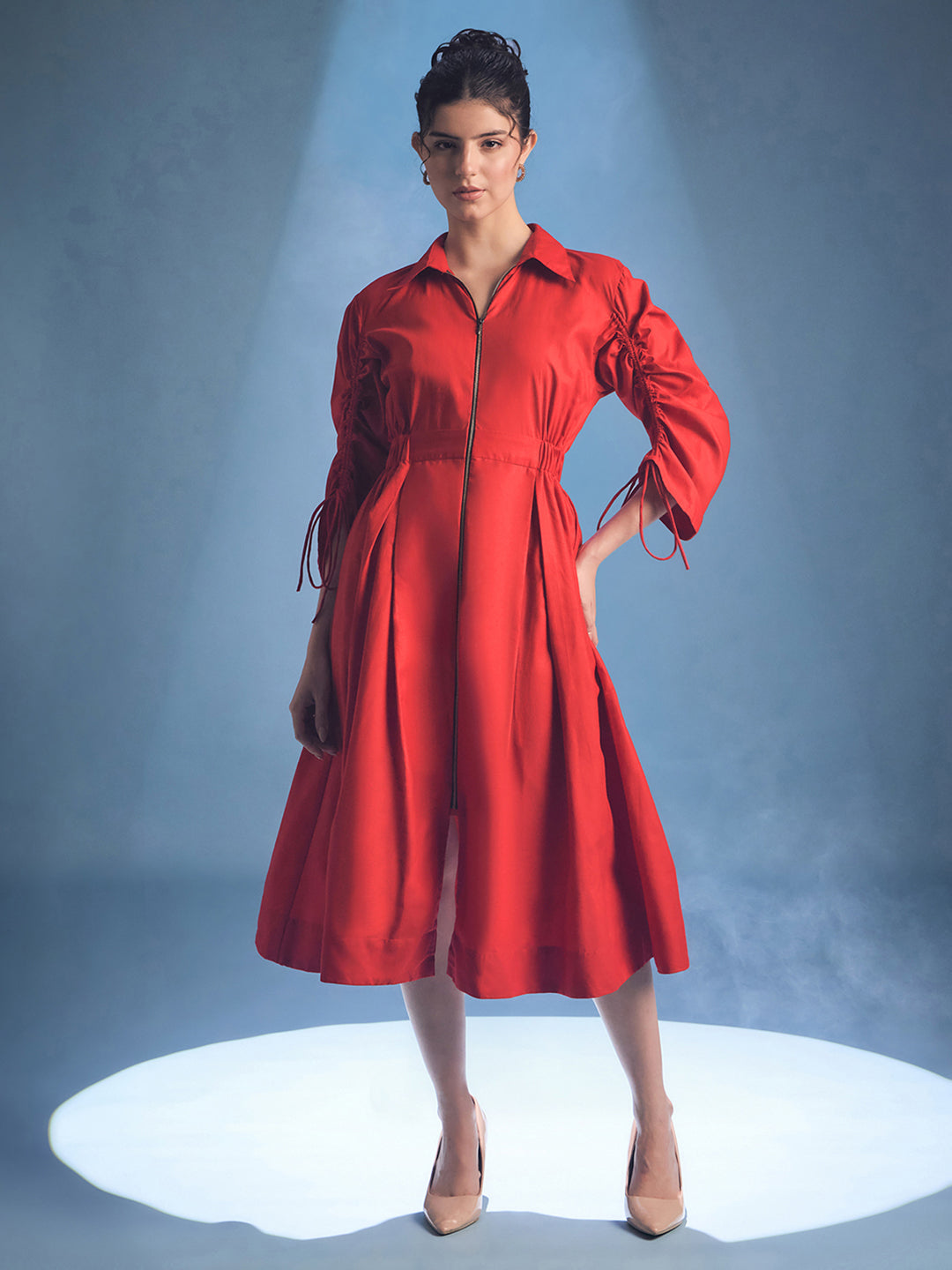 Cotton Zip Dress With Gathered Tie-Up Sleeves - Uptownie