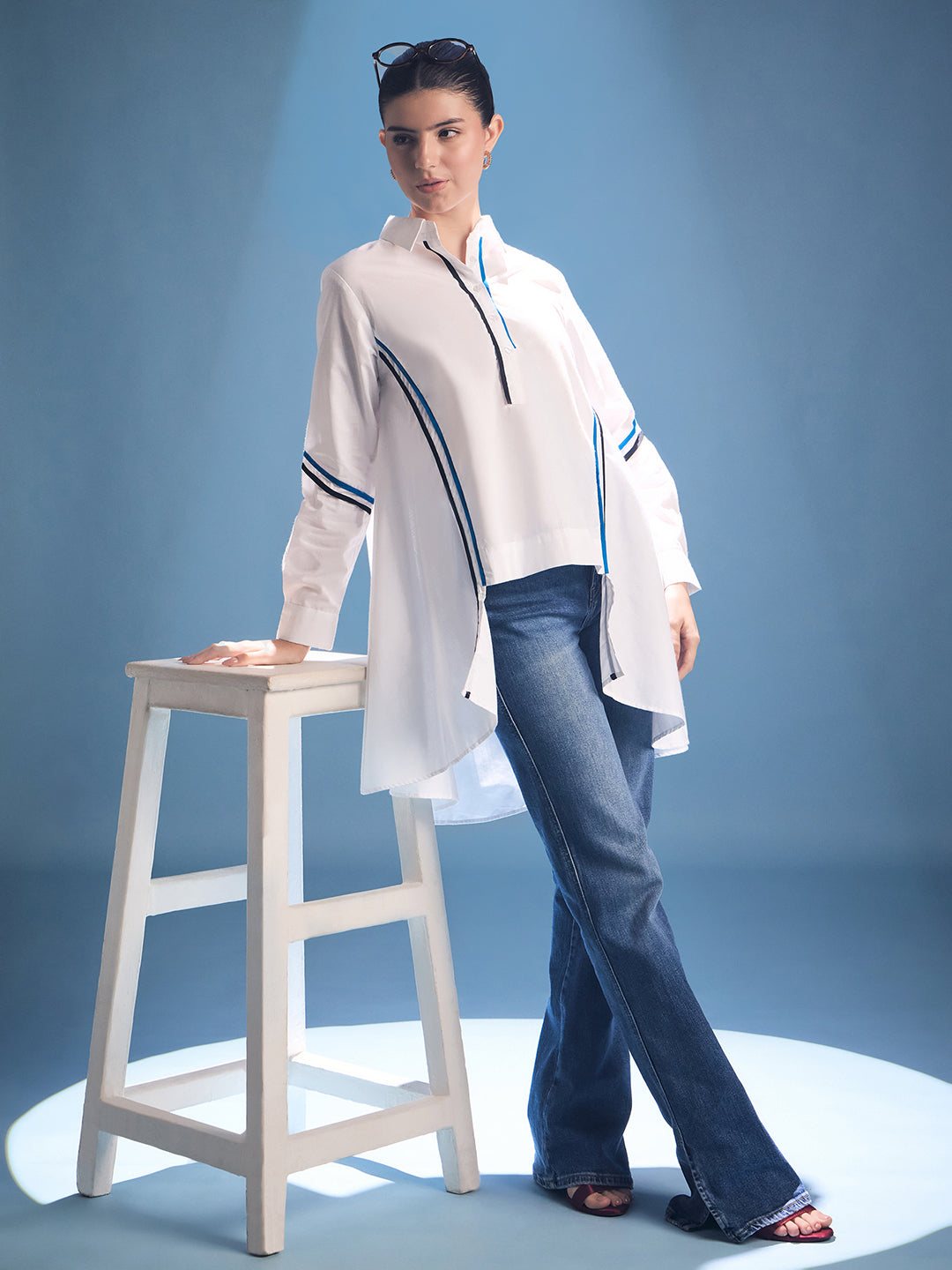 Cotton Asymmetric Shirt with Contrast Color Stripes - Uptownie