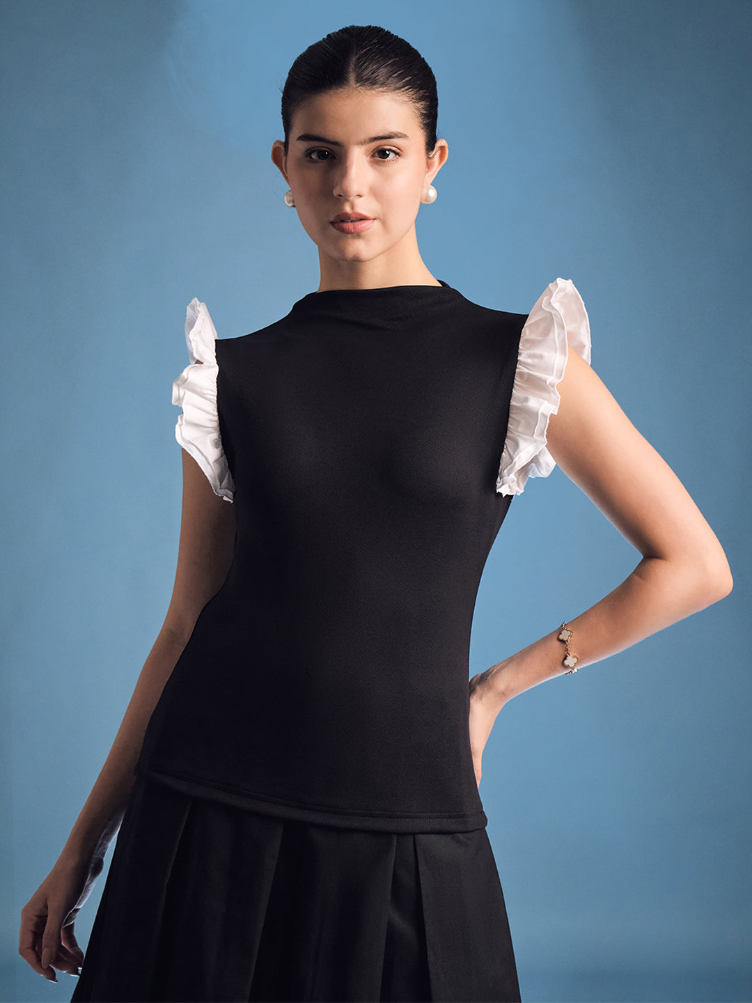 High Neck Top With Contrast Ruffle Sleeves - Uptownie