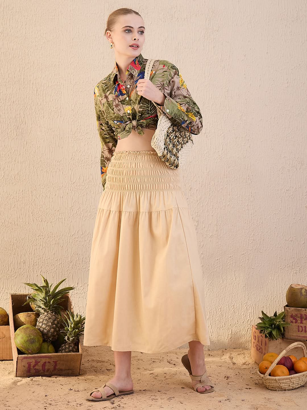 Smocked High-waist Cotton Midi Skirt - Uptownie