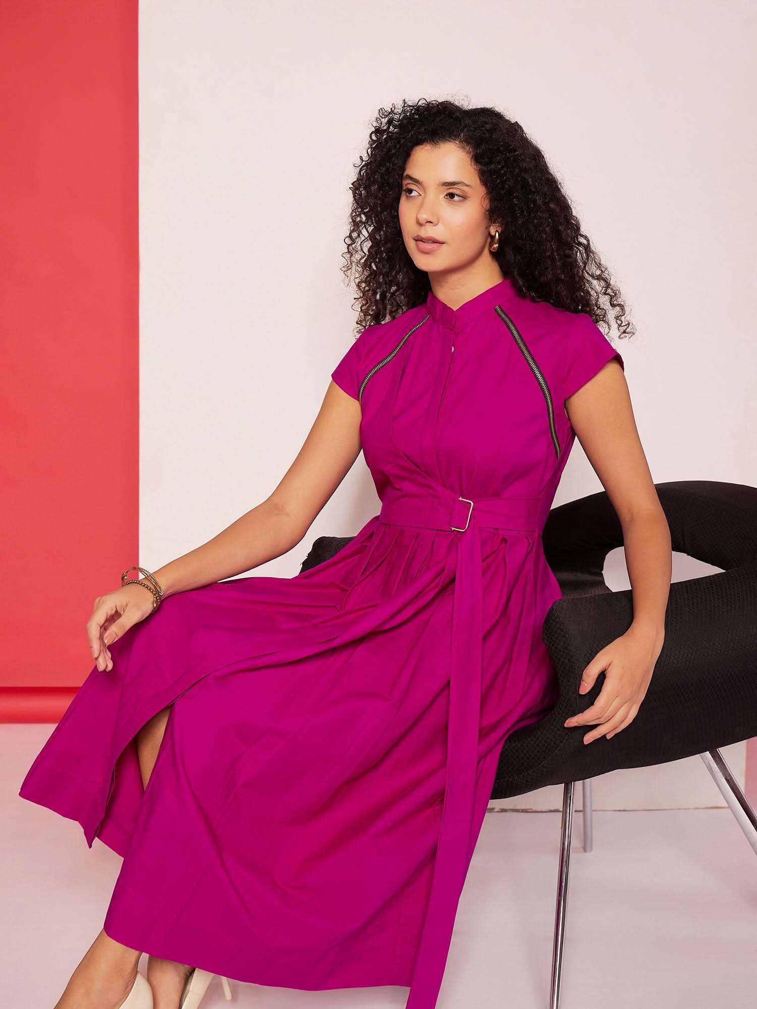 Pleated Cotton Midi Dress With Zipper Detail - Uptownie