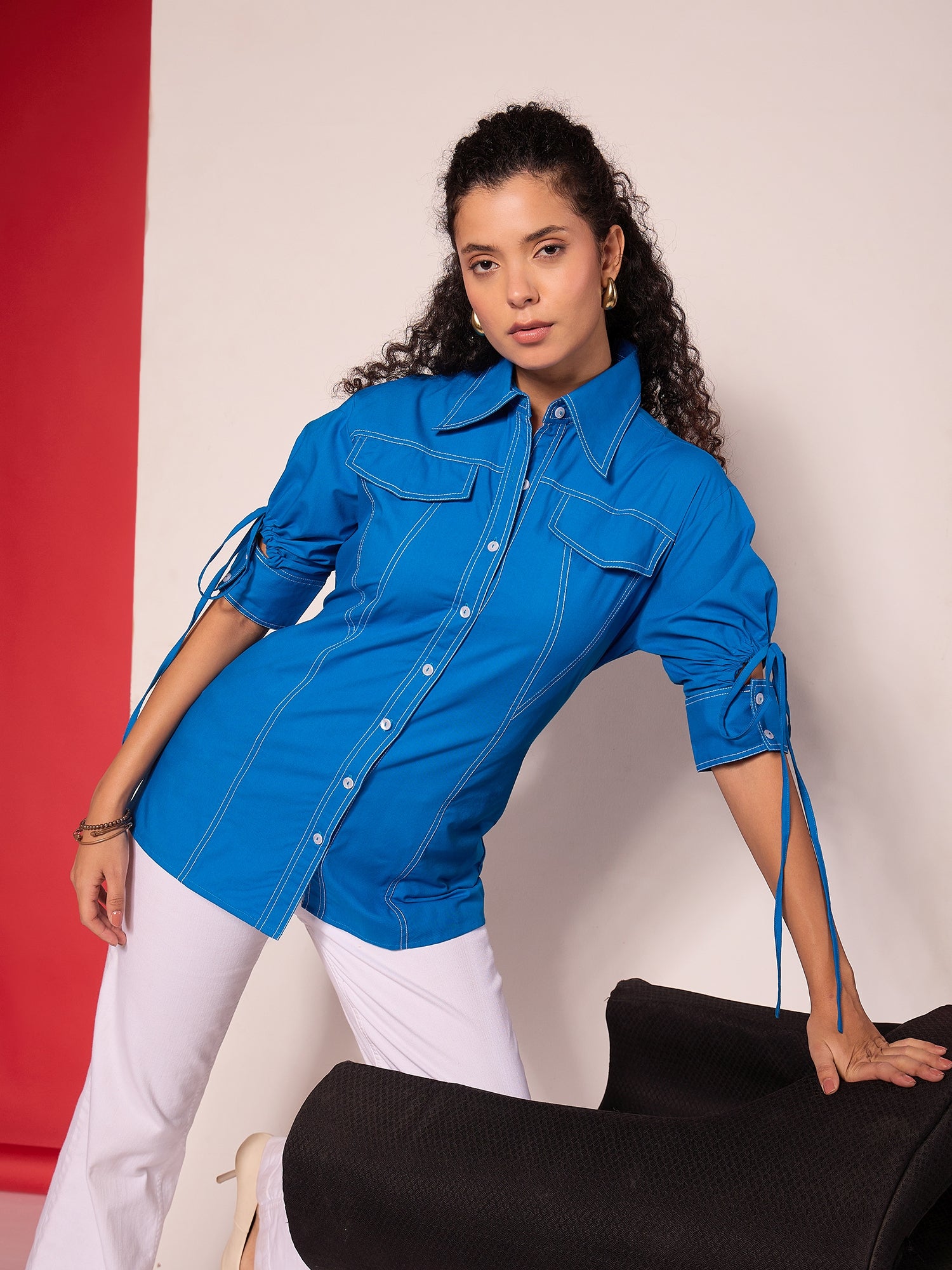 Panelled Cotton Shirt With Tie-Up Sleeves - Uptownie