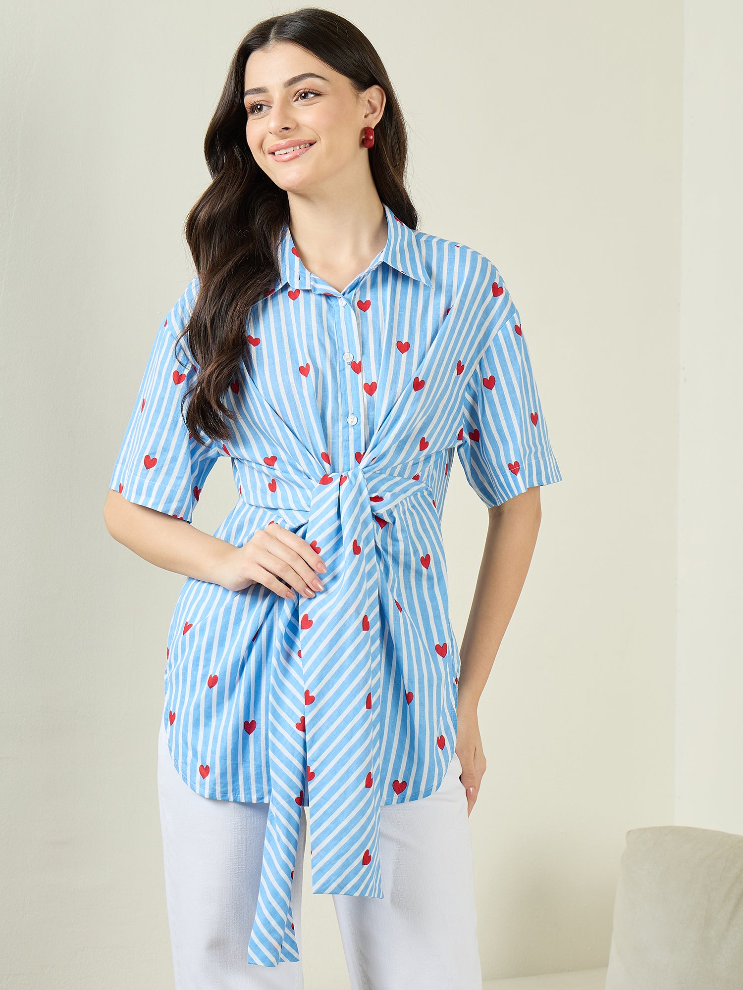 Front Tie-Up Cotton Shirt - Uptownie