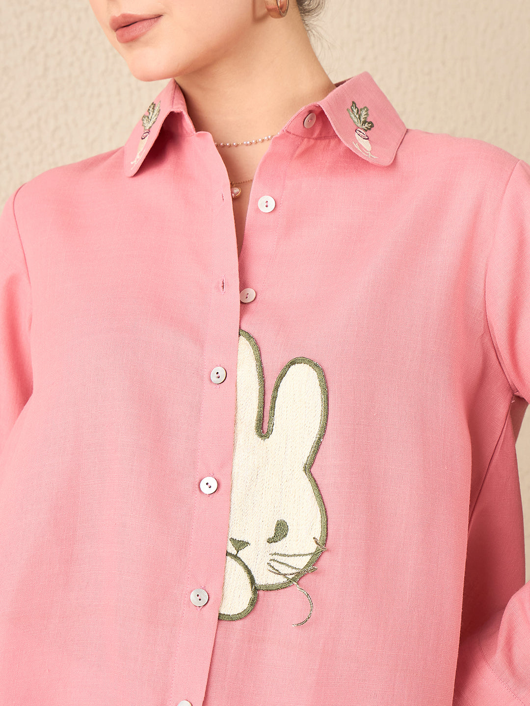 Loose Fit Applique Linen Shirt - Uptownie