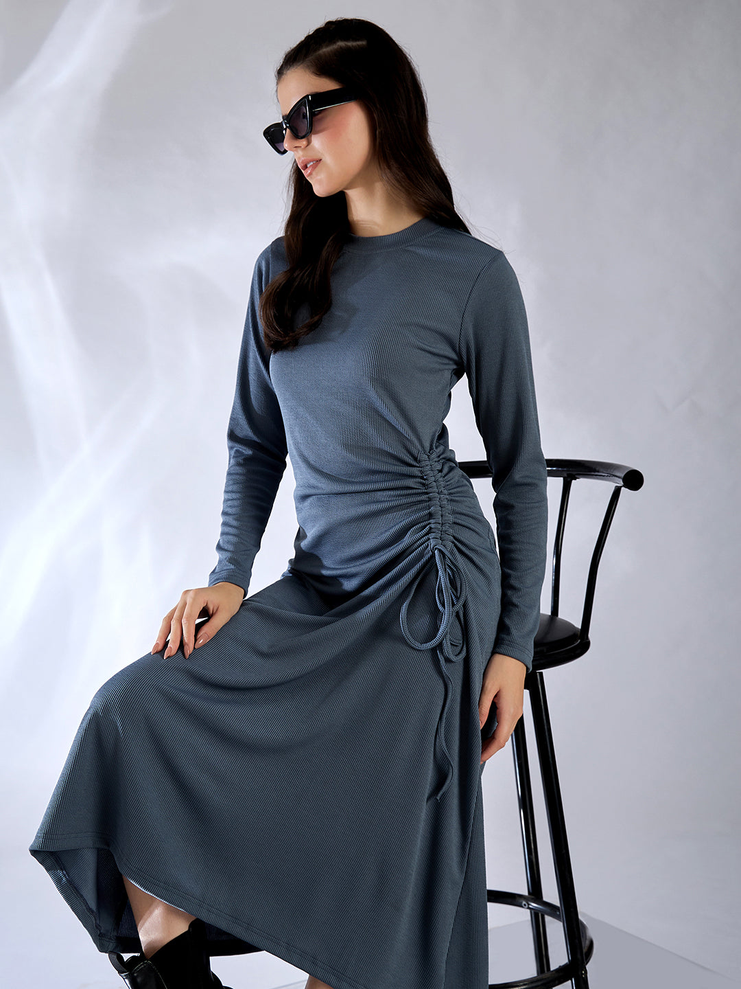 grey ruched midi dress Caroline Hu Grey and Cream Ruched Midi Dress