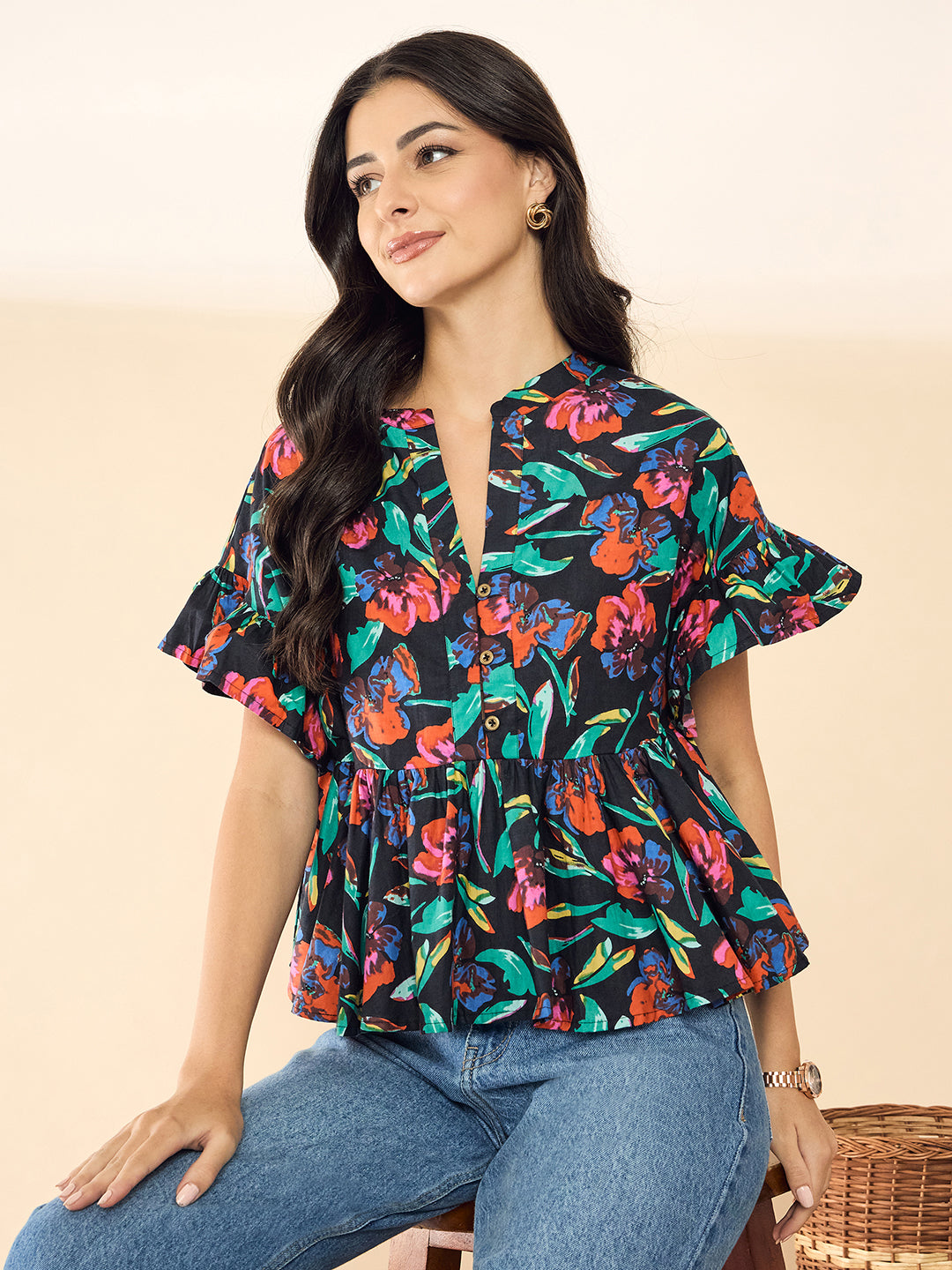Frilled Sleeve Cotton Peplum Top