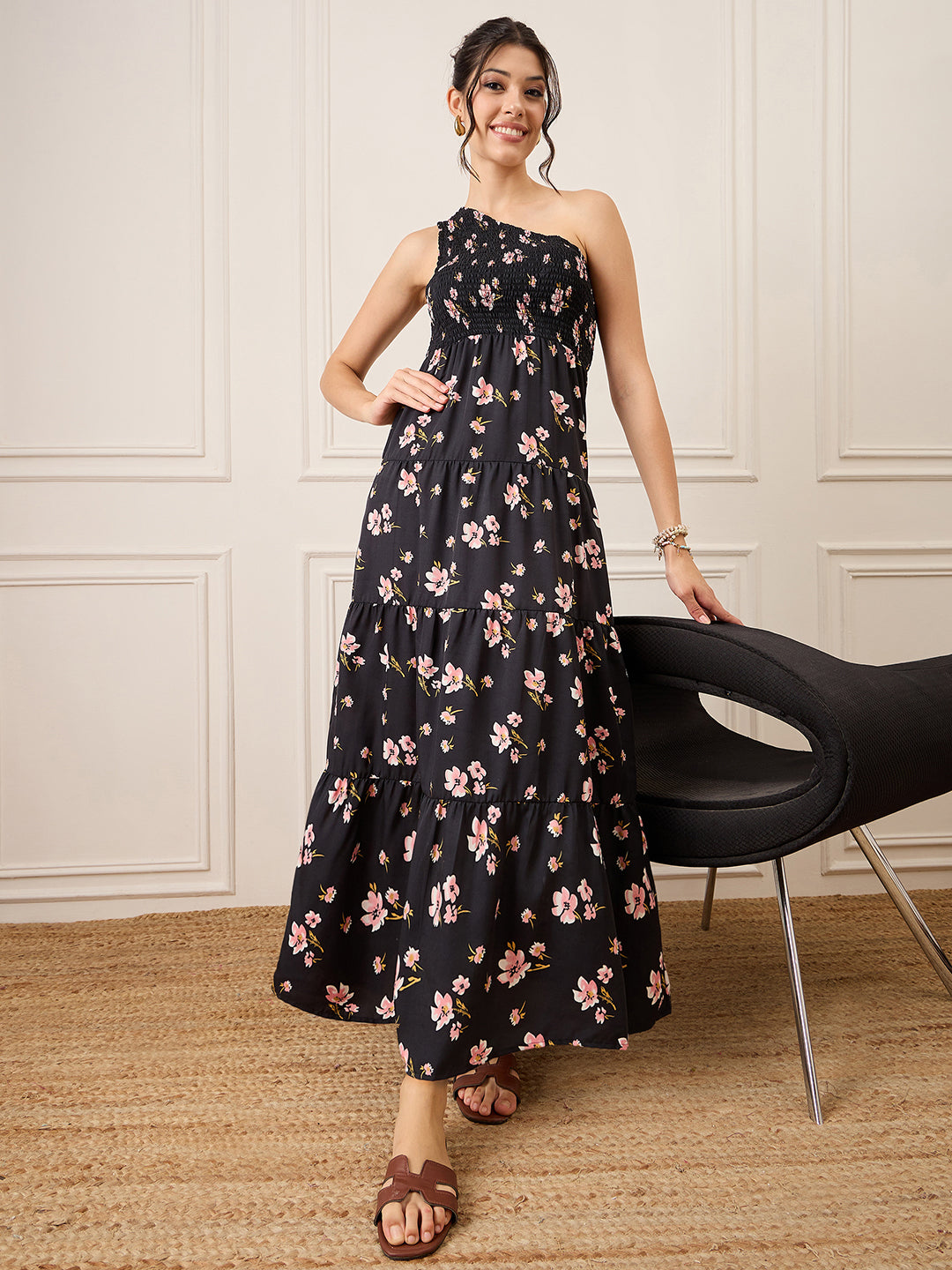 One Shoulder Smocked Maxi Dress - Uptownie