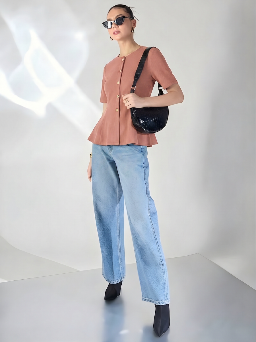Stretchable Ribbed Flared Peplum Top