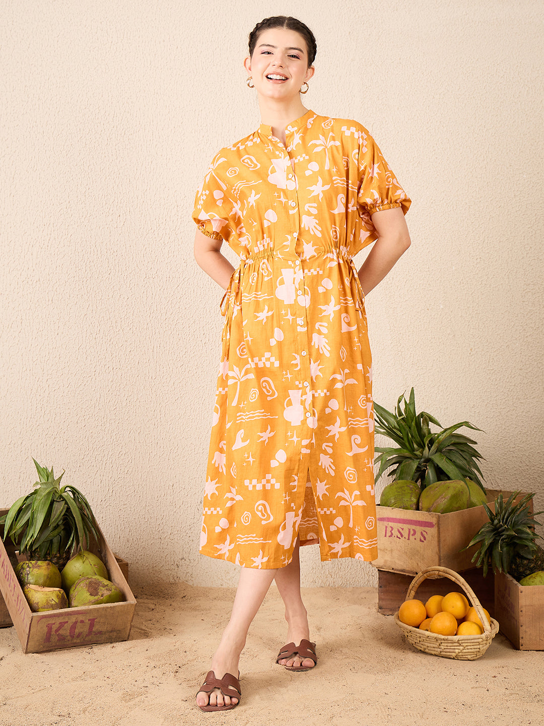 Cotton Side Waist Tie-Up Midi Dress - Uptownie
